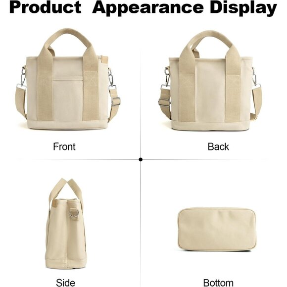 Women's Khaki Canvas Tote Bag With Multi Pockets Mini Shoulder Bags With Zipper - Picture 3 of 6